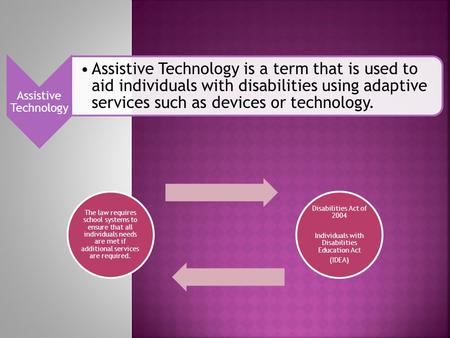 Assistive Technology Assistive Technology is a term that is used to aid individuals with disabilities using adaptive services such as devices or technology.