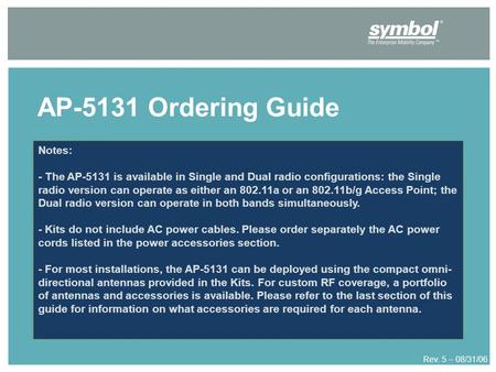 AP-5131 Ordering Guide Rev. 5 – 08/31/06 Notes: - The AP-5131 is available in Single and Dual radio configurations: the Single radio version can operate.