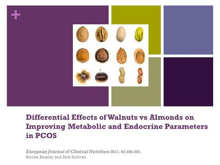 + Differential Effects of Walnuts vs Almonds on Improving Metabolic and Endocrine Parameters in PCOS European Journal of Clinical Nutrition 2011; 65:386-393.