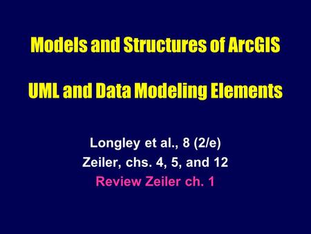 Models and Structures of ArcGIS UML and Data Modeling Elements Longley et al., 8 (2/e) Zeiler, chs. 4, 5, and 12 Review Zeiler ch. 1.