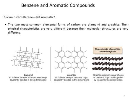1 Benzene and Aromatic Compounds Buckminsterfullerene—Is it Aromatic? The two most common elemental forms of carbon are diamond and graphite. Their physical.