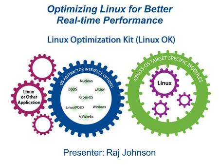 Optimizing Linux for Better Real-time Performance Presenter: Raj Johnson.