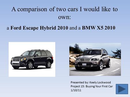 A comparison of two cars I would like to own: Presented by: Keely Lockwood Project 15: Buying Your First Car 1/10/11 a Ford Escape Hybrid 2010 and a BMW.