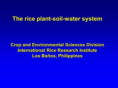 The rice plant-soil-water system Crop and Environmental Sciences Division International Rice Research Institute Los Baños, Philippines.