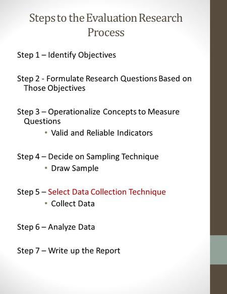 Steps to the Evaluation Research Process Step 1 – Identify Objectives Step 2 - Formulate Research Questions Based on Those Objectives Step 3 – Operationalize.