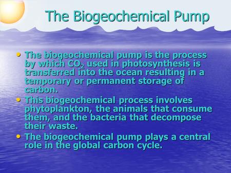 The Biogeochemical Pump The biogeochemical pump is the process by which CO 2 used in photosynthesis is transferred into the ocean resulting in a temporary.