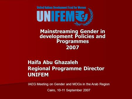 Mainstreaming Gender in development Policies and Programmes 2007 Haifa Abu Ghazaleh Regional Programme Director UNIFEM IAEG Meeting on Gender and MDGs.