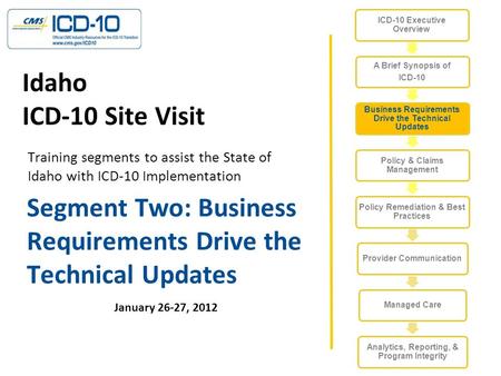 Segment Two: Business Requirements Drive the Technical Updates January 26-27, 2012 Idaho ICD-10 Site Visit Training segments to assist the State of Idaho.