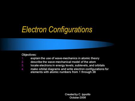 Created by C. Ippolito October 2006 Electron Configurations Objectives: 1. explain the use of wave-mechanics in atomic theory 2. describe the wave-mechanical.