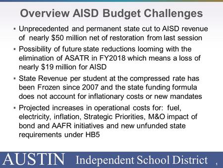 AUSTIN Independent School District Overview AISD Budget Challenges  Unprecedented and permanent state cut to AISD revenue of nearly $50 million net of.