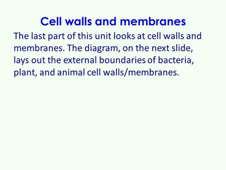 Cell walls and membranes The last part of this unit looks at cell walls and membranes. The diagram, on the next slide, lays out the external boundaries.