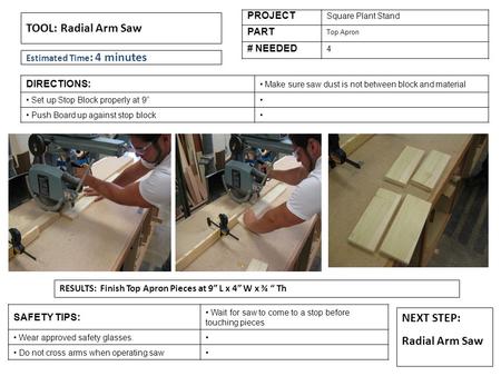 TOOL: Radial Arm Saw NEXT STEP: Radial Arm Saw RESULTS: Finish Top Apron Pieces at 9” L x 4” W x ¾ “ Th PROJECT Square Plant Stand PART Top Apron # NEEDED.