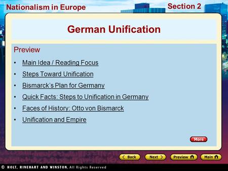 German Unification Preview Main Idea / Reading Focus