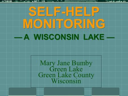 SELF-HELP MONITORING — A WISCONSIN LAKE — Mary Jane Bumby Green Lake Green Lake County Wisconsin.