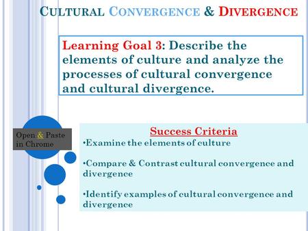 C ULTURAL C ONVERGENCE & D IVERGENCE Learning Goal 3: Describe the elements of culture and analyze the processes of cultural convergence and cultural divergence.