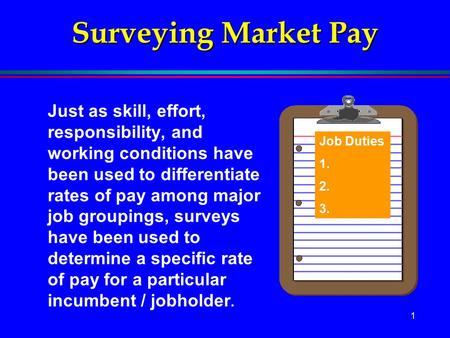 1 Surveying Market Pay Just as skill, effort, responsibility, and working conditions have been used to differentiate rates of pay among major job groupings,