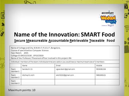 Name of the Innovation: SMART Food Secure Measureable Accountable Retrievable Traceable Food Name of College and City: B.N.M.I.T, P..E.S.I.T,Bangalore.