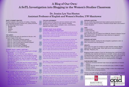A Blog of Our Own: A SoTL Investigation into Blogging in the Women’s Studies Classroom Dr. Jessica Lyn Van Slooten Assistant Professor of English and Women’s.