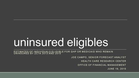 Uninsured eligibles ESTIMATES OF INDIVIDUALS ELIGIBLE FOR QHP OR MEDICAID WHO REMAIN UNINSURED BY ZCTA 2013 AND 2015 JOE CAMPO, SENIOR FORECAST ANALYST.