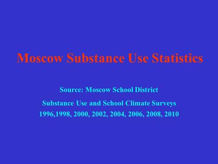 Moscow Substance Use Statistics Source: Moscow School District Substance Use and School Climate Surveys 1996,1998, 2000, 2002, 2004, 2006, 2008, 2010.