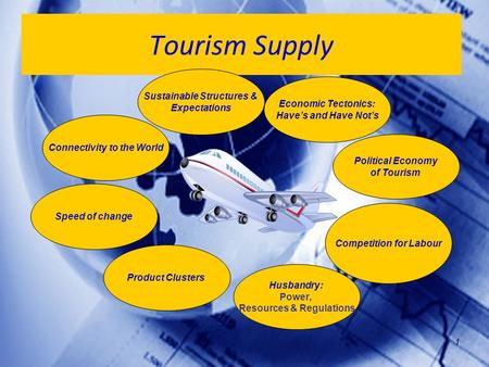 1 Tourism Supply Political Economy of Tourism Economic Tectonics: Have’s and Have Not’s Product Clusters Husbandry: Power, Resources & Regulations Connectivity.