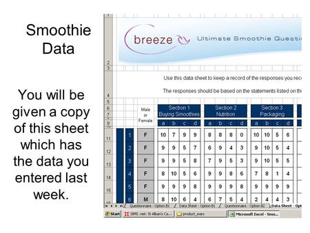Smoothie Data You will be given a copy of this sheet which has the data you entered last week.