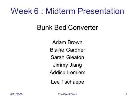 The Great Team1 Week 6 : Midterm Presentation Bunk Bed Converter Adam Brown Blaine Gardner Sarah Gleaton Jimmy Jiang Addisu Lemlem Lee Tschaepe 6/21/2006.
