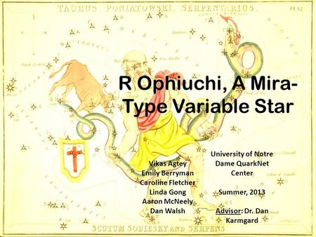 R Ophiuchi, A Mira- Type Variable Star Vikas Agtey Emily Berryman Caroline Fletcher Linda Gong Aaron McNeely Dan Walsh University of Notre Dame QuarkNet.