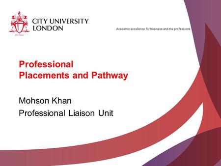 Academic excellence for business and the professions Professional Placements and Pathway Mohson Khan Professional Liaison Unit.