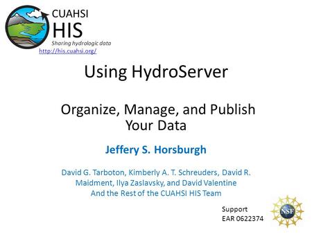 Using HydroServer Organize, Manage, and Publish Your Data Support EAR 0622374 CUAHSI HIS Sharing hydrologic data  Jeffery S. Horsburgh.