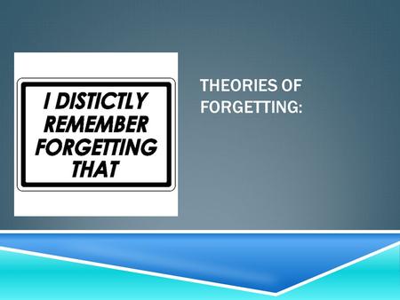 THEORIES OF FORGETTING:. NONSENSE WORDS – SEE HOW MANY YOU RECALL IMMEDIATELY, THEN IN 20 MINUTES  1. BIC  2. RAK  3. KIB  4. DOS  5. FOK  6. BAS.