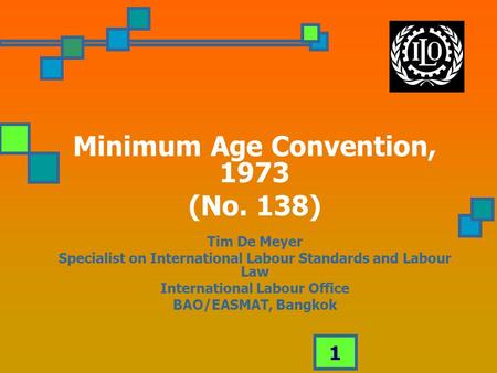 1 Minimum Age Convention, 1973 (No. 138) Tim De Meyer Specialist on International Labour Standards and Labour Law International Labour Office BAO/EASMAT,