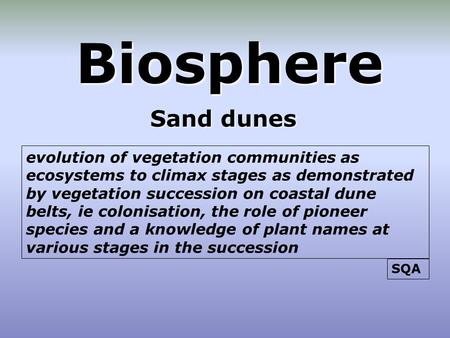 Biosphere Sand dunes evolution of vegetation communities as ecosystems to climax stages as demonstrated by vegetation succession on coastal dune belts,