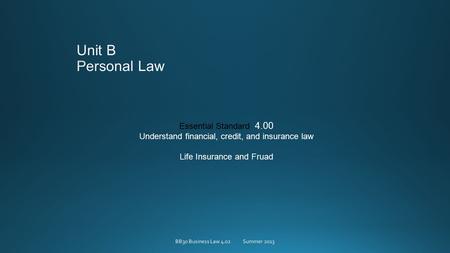 Essential Standard 4.00 Understand financial, credit, and insurance law Life Insurance and Fruad BB30 Business Law 4.02Summer 2013.