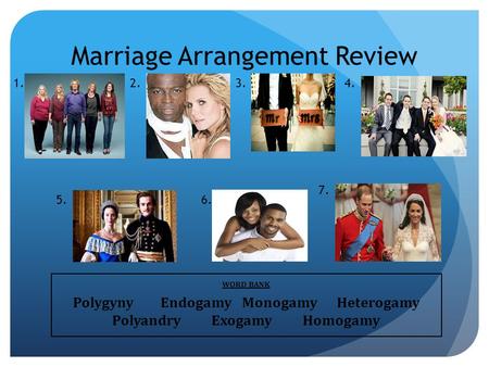 Marriage Arrangement Review 1.2.3.4. 5.6. 7. WORD BANK Polygyny Endogamy Monogamy Heterogamy Polyandry Exogamy Homogamy.