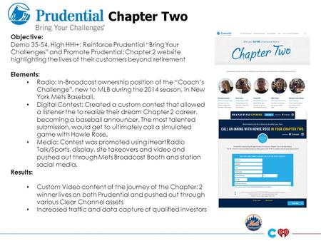 Chapter Two Objective: Demo 35-54, High HHI+; Reinforce Prudential “Bring Your Challenges” and Promote Prudential: Chapter 2 website highlighting the lives.