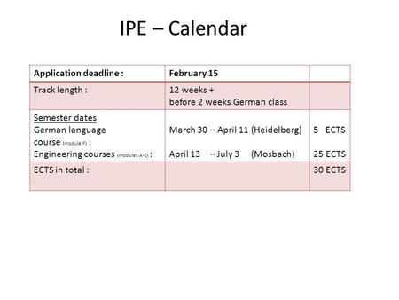 IPE – Calendar Application deadline :February 15 Track length :12 weeks + before 2 weeks German class Semester dates German language course (module F)