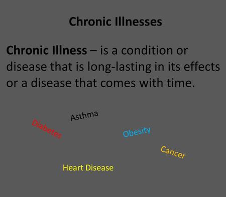 Chronic Illnesses Chronic Illness – is a condition or disease that is long-lasting in its effects or a disease that comes with time. Diabetes Obesity Asthma.