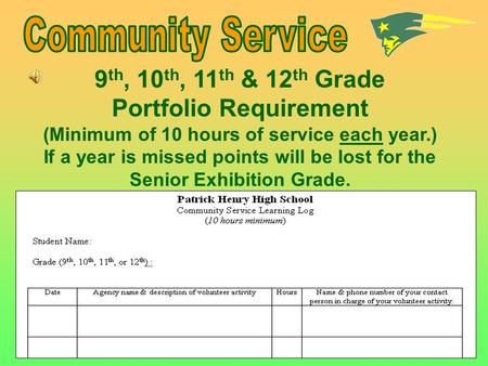 9 th, 10 th, 11 th & 12 th Grade Portfolio Requirement (Minimum of 10 hours of service each year.) If a year is missed points will be lost for the Senior.