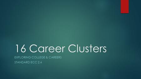 16 Career Clusters EXPLORING COLLEGE & CAREERS STANDARD ECC 2.4.