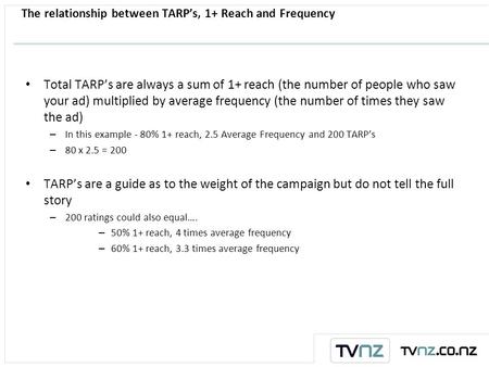 The relationship between TARP’s, 1+ Reach and Frequency Total TARP’s are always a sum of 1+ reach (the number of people who saw your ad) multiplied by.