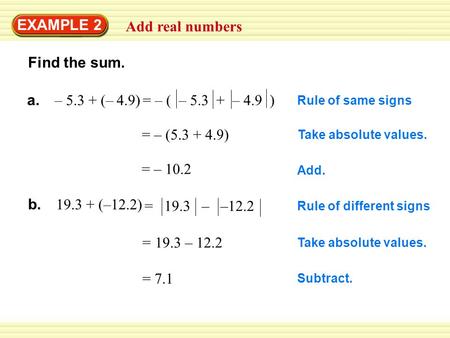 EXAMPLE 2 Add real numbers Find the sum. Rule of same signs Take absolute values. = – (5.3 + 4.9) = – 10.2 Add. a. – 5.3 + (– 4.9) Rule of different signs.