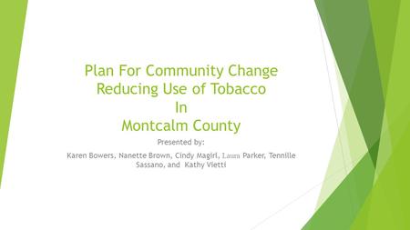 Plan For Community Change Reducing Use of Tobacco In Montcalm County Presented by: Karen Bowers, Nanette Brown, Cindy Magirl, Laura Parker, Tennille Sassano,