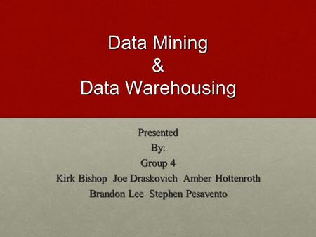 Data Mining & Data Warehousing PresentedBy: Group 4 Kirk Bishop Joe Draskovich Amber Hottenroth Brandon Lee Stephen Pesavento.