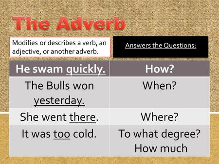 The Adverb He swam quickly. How? The Bulls won yesterday. When?