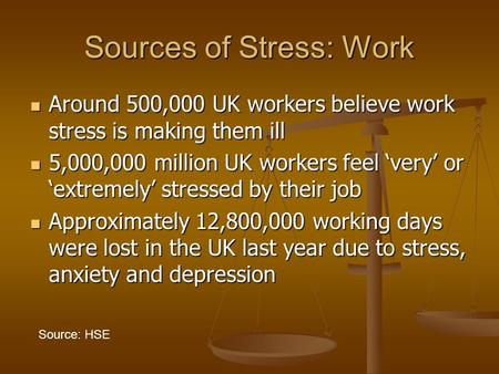 Sources of Stress: Work Around 500,000 UK workers believe work stress is making them ill Around 500,000 UK workers believe work stress is making them ill.