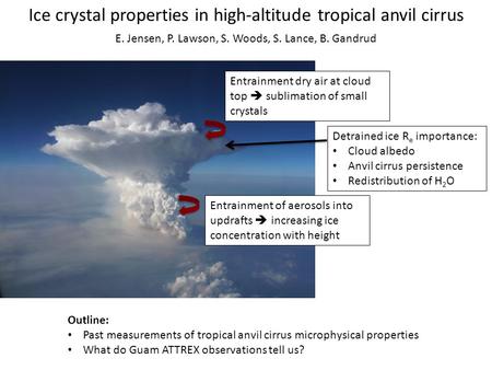 Ice crystal properties in high-altitude tropical anvil cirrus Detrained ice R e importance: Cloud albedo Anvil cirrus persistence Redistribution of H 2.