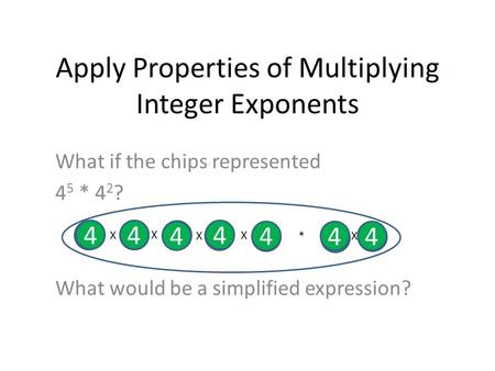 Apply Properties of Multiplying Integer Exponents What if the chips represented 4 5 * 4 2 ? What would be a simplified expression? 4 4 4 4 44 4 X X X X.
