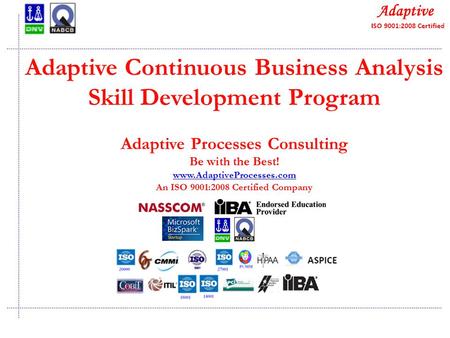 Quality Consulting Adaptive Continuous Business Analysis Skill Development Program Adaptive Processes Consulting Be with the Best! www.AdaptiveProcesses.com.
