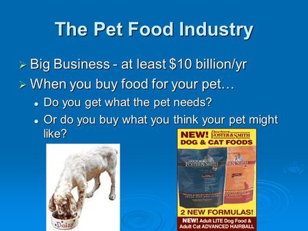 The Pet Food Industry  Big Business - at least $10 billion/yr  When you buy food for your pet… Do you get what the pet needs? Do you get what the pet.